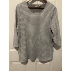 Chico's Gray Striped Crew Neck Sweater